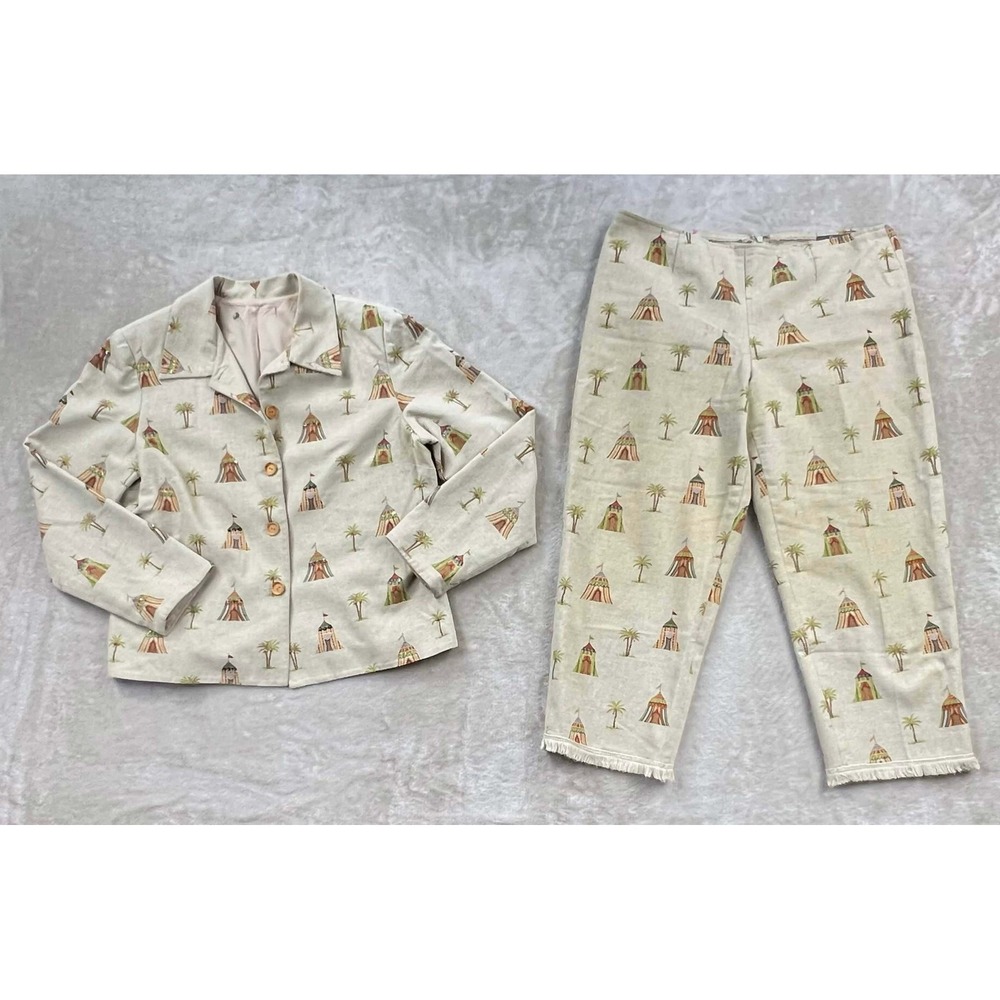 EUC Vintage Maggy L. Circus Tent Palm Tree Print Jacket and Fringe Pants Set 14P